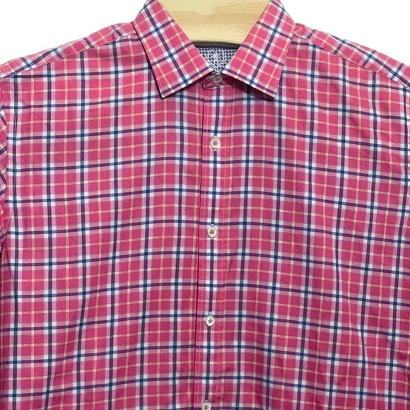 Bugatchi Large (see measurements) Long Sleeve Flip Cuff Classic Fit Pink‎ Plaid - Picture 4 of 6
